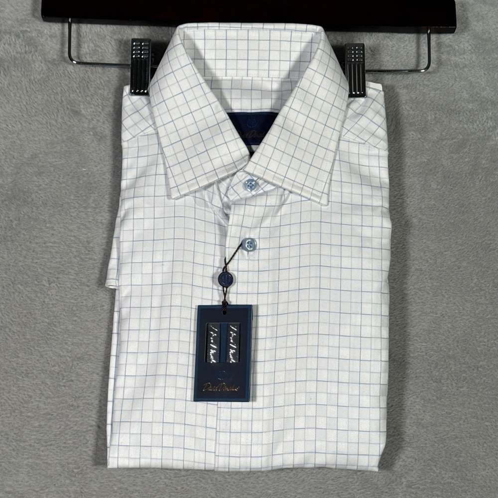 David Donahue Shirt Mens 15.5 32/33 White Blue Check Trim Fit Dress Non Iron